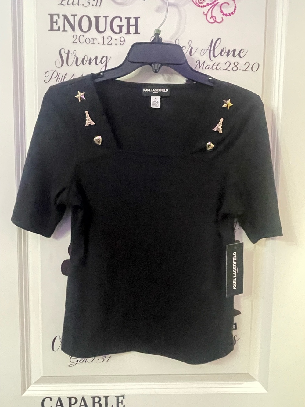 Karl Lagerfeld Black Short Sleeve Top with Gold-Tone Pins